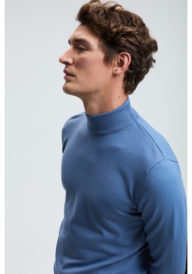 REBEL Erkek Yarım Balıkçı Yaka Basic Slim Fit Triko Mavi Kazak