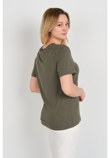 Ella Camelia Kadın Kelebek Şekilli Taş Süslemeli V Yaka Kısa Kollu Bluz 24e047 Haki Haki