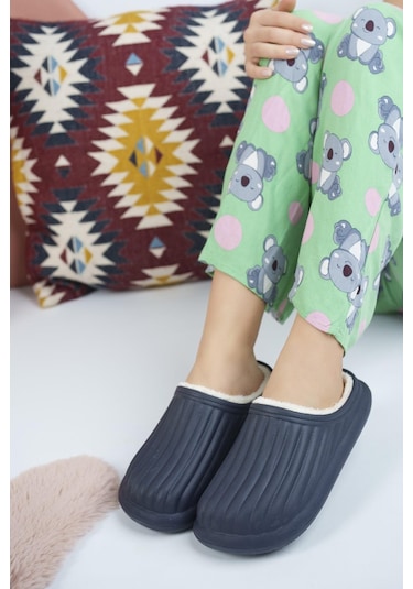 Modafrato Flora Kapalı İçi Yünlü Unisex Ev Terliği Kışlık Terlik Su Geçirmez Lacivert