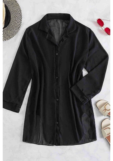 Angelsin Şifon Gömlek Plaj Elbisesi Pareo Kimono Kaftan Siyah 001