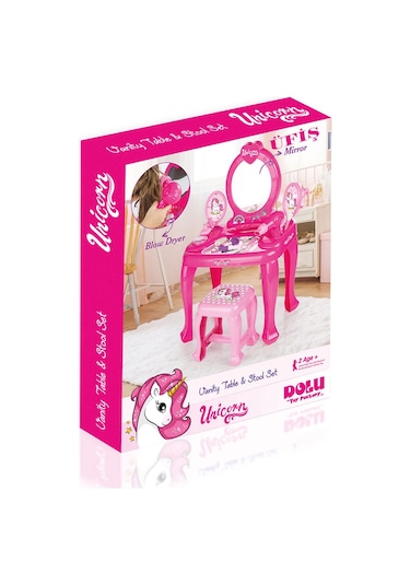 Unicorn Oyuncak Ayaklı Makyaj Masası ve Sandalye Seti Pembe Renk