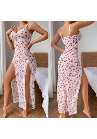 Kadın Seksi Gecelikler Kiraz Baskılı Dantel Detaylı Derin V Yaka Gömlek Gecelik Şeffaf Yan Yırtmaçlı Gecelik Beyaz