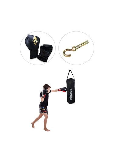 Çocuk Siyah Boks Seti 53 x 20 CM Boks Torbası + Boks Eldiveni Siyah