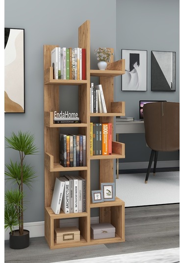 Gemini 10 Bölmeli Raflı Dekoratif Kitaplık Ofis Kitaplığı Dolap Evrak Rafı Ev Ofis Rafı - Çam