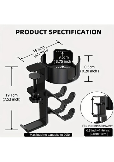 Xuweiwei Kwtoul Siyah Alüminyum Oyun Kumandası Tutucu 3ü 1 Arada Masa Bardak Tutucu 360 Derece Dönüşlü Kulaklık Standı Evrensel Uyumlu Siyah