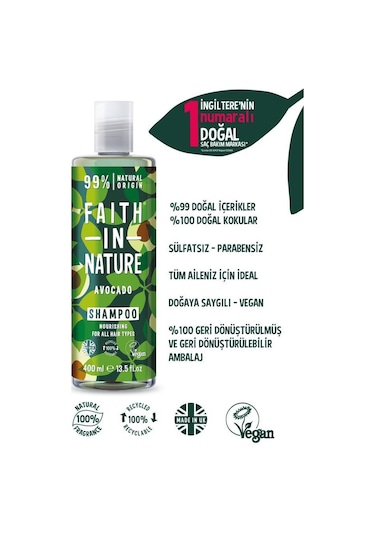 Faith in Nature %99 Doğal Besleyici Şampuan Avokado Tüm Saç Tipleri İçin 400 ML