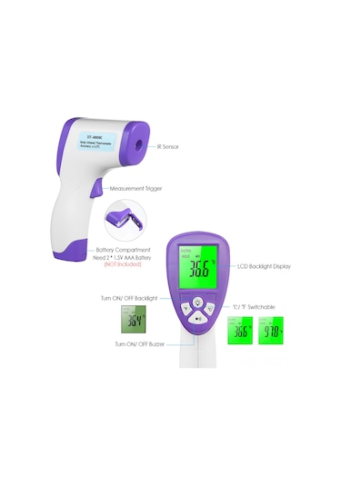 Ruicoo El Tipi Kızılötesi Vücut Sıcaklık Ölçer - Dokunsuz Ölçüm, 3 Renkli Arka Işık, Ateş Alarmı, C/ F Dönüştürücü Pil Dahil Değil