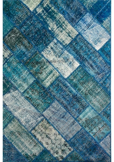 Çam Halı PW729 Turkuaz El Dokuma Patchwork Yün Halı