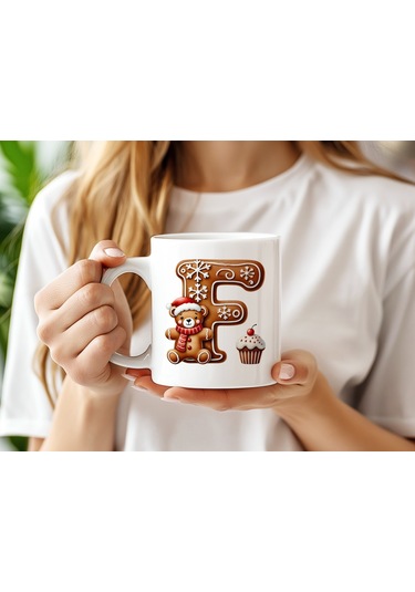 F Kurabiye Harf Ve Ayıcık Detaylı Kupa Bardak - Yeni Yıl / Yılbaşı Temalı Tasarım - Noel Hediye Beyaz