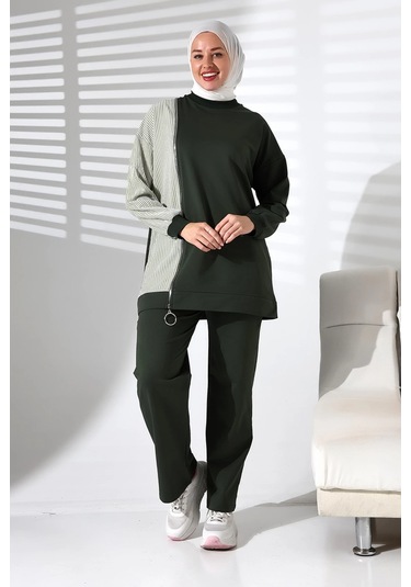 Kadın Mevsimlik Alt Üst Rahat Haki Spor Ikili Tunik Pantolon Şık Tesettür Takım Haki