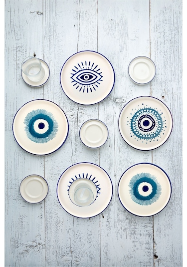 Kevin Seramik Hand Made Nazar Boncuklu Kahvaltı Takımı - Çay Seti 18 Parça 6 Kişilik Mavi