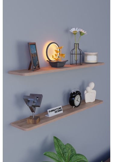 Dekoratif Uçan Duvar Rafı 2 Adet Gizli Monteli Raf Oval Kesim 100x18 Cm Atlantik Çam