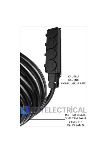 Kauçuk 4'lü 100 Metre Topraklı Grup Priz - 3x2.5 Ttr Tam Bakır Kalın Siyah Kablo 100 Metre