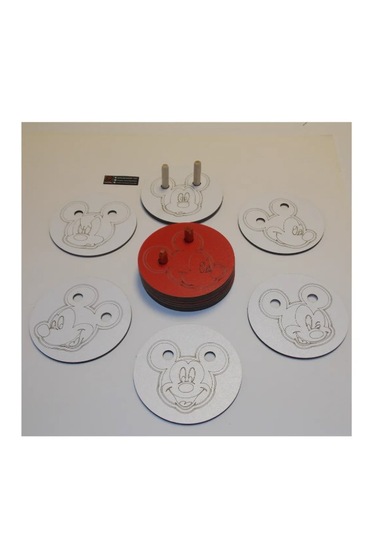 Ahşap Figürlü 6'lı Bardak Altlığı Lazer Kazıma 3mm - Mickey Mouse Ahşap - Beyaz
