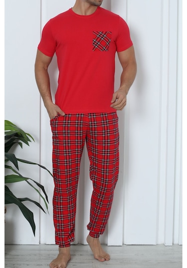 Erkek Pijama Takımı Kısa Kollu Cepli Pamuk Likralı Ekose Kırmızı Kırmızı