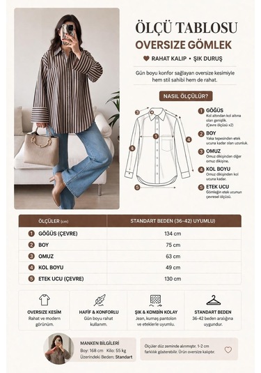 Lijuri Çizgili Oversize Basic Gömlek 3504 Bej