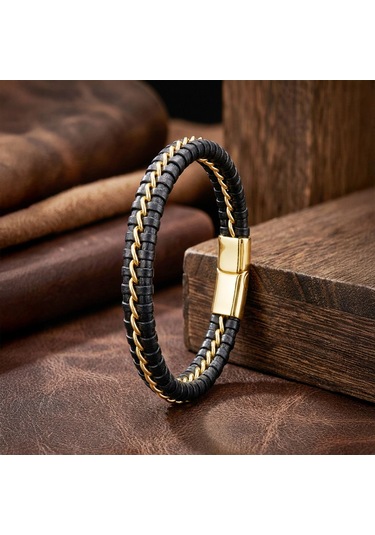 Moncuk Design Sarı Zincir Ve Deri Dolama Çelik Bileklik 33514b2d3 Çok Renkli