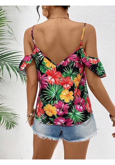 Munn Collection Kadın Askılı Omuzlardan Açık Çiçek Baskılı Bluz Desenli