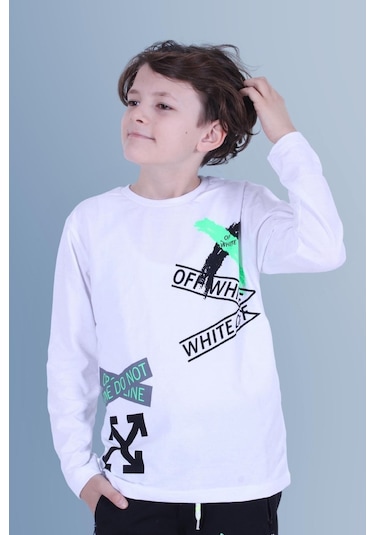 X Baskılı Uzun Kollu Erkek Çocuk Beyaz Sweatshirt Beyaz