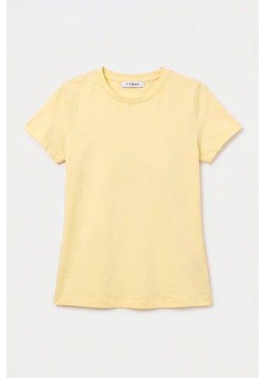 Itsbasic Kadın Light Sarı S6-108 Bisiklet Yaka %100 Organik Pamuk Esnek Kumaş T-shirt