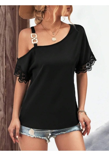 Kadın Tek Omuzu Askılı Kısa Kollu Toka Detaylı Dantelli Viskon Bluz Siyah