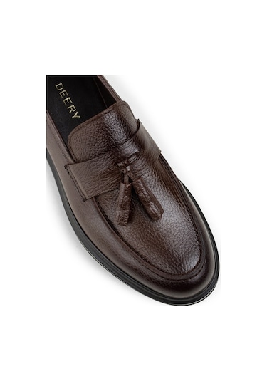Deery Hakiki Deri Kahverengi Püsküllü Comfort Loafer Kahverengi