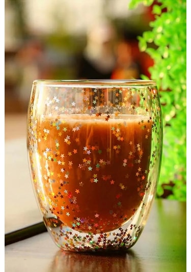 4'lü Çift Cidarlı Bardak Yıldız Simli Kahve Sunum Kokteyl Bardağı Isıya Dayanıklı Borosilikat 250ml