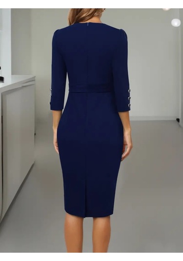 Nnstartshopping Kadın Uzun Kollu Düğme Detaylı Kendinden Kemerli Ithal Krep Elbise Lacivert