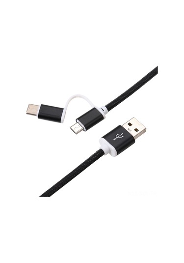 Konesam 1m Siyah Nylon Örgülü Şarj Kablosu, Type-c/micro Usb Çift Arayüzlü, Android Ve Type-c Cihazlar İçin Dayanıklı Alüminyum Uçlar