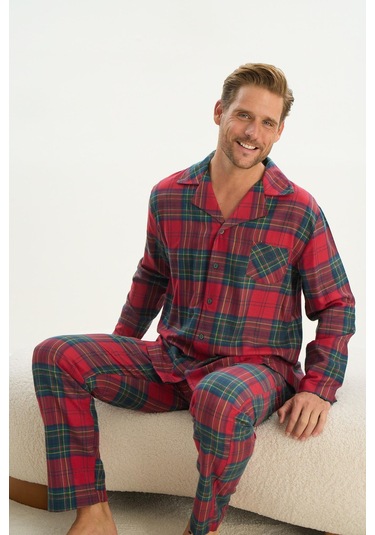 Erkek Uzun Kol Gömlek Yaka Önden Düğmeli Kırmızı Pijama Takım C1t5n5o9 001