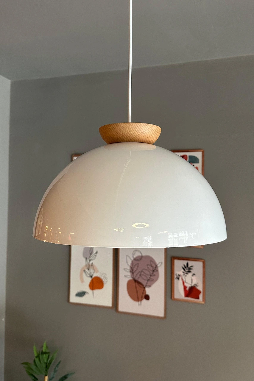 Yimpi Beyaz Avize Ahşap Tekli Sarkıt Salon Kuaför Cafe Dekoratif Aydınlatma Pastane Beyaz