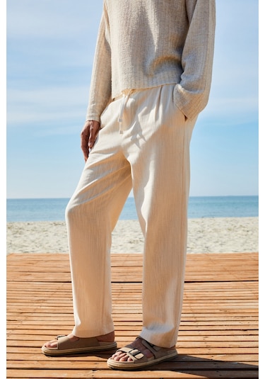 EDVIN Erkek Beli Lastikli Yanları Cepli Keten Karışımlı Relaxed Fit Ekru Pantolon