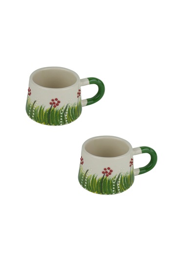 Kupa Bardak Kupa Seramik Yeşil Kırmızı Gül Desenli 2'li Set 200 M