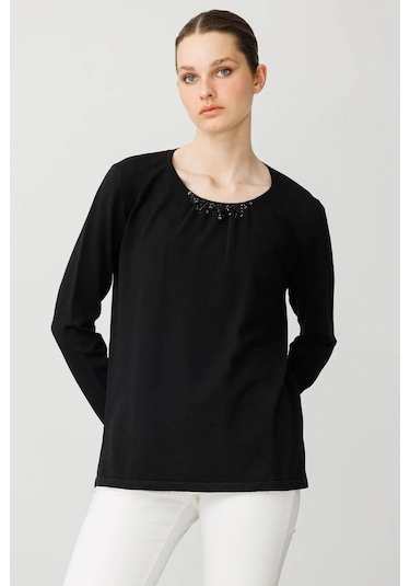 Desen Triko Sıfır Yaka Dantel Çiçek İşlemeli Kadın Bluz 25093 Siyah