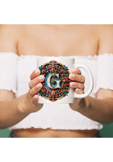 G Harfi Boho Bardak, Renkli Özel Tasarım Hediyelik Harfli Kupa, 330ml Porselen Beyaz