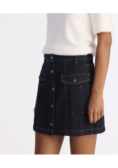 Yargıcı Pens Detaylı Düğmeli Kısa Denim Etek 25kket4021x 516 Lacivert