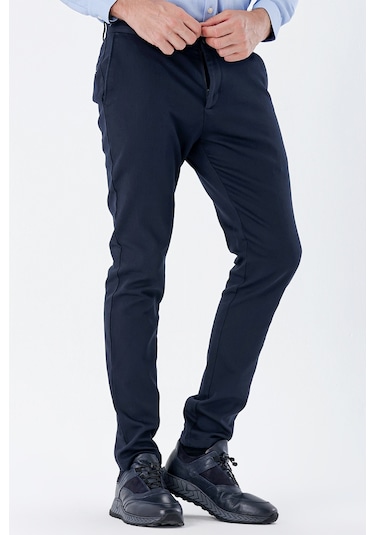 Koyu Lacivert Desenli Armürlü Pamuklu Yan Cepli Slim Fit Dar Kesim Casual Pantolon 1003235120-koyu Lacivert Koyu Lacivert
