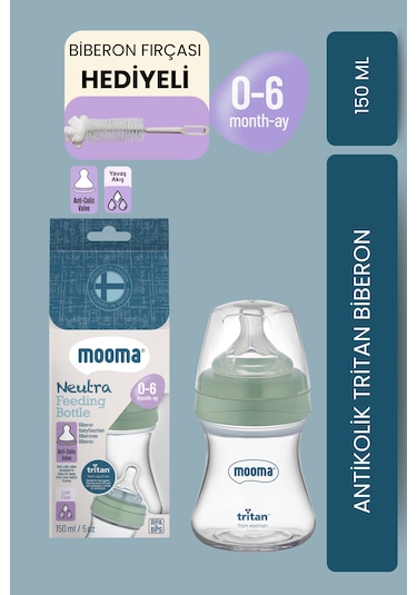 Mooma Neutra Antikolik Tritan Biberon 150 Ml 0-6 Ay Yavaş Akış - Yeşil