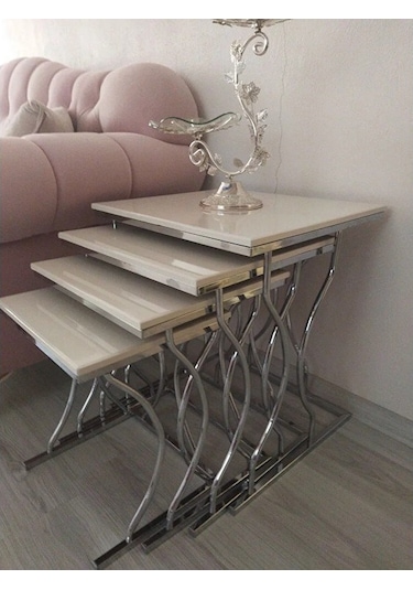 Arden Elite 4'lü Kare Zigon Sehpa Seti Gümüş Krom Ayak, Krem Mdf Beyaz