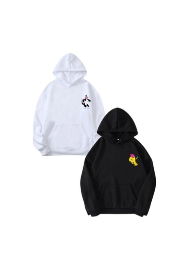 Modagen Sevgili Çift Kombini Sylvester Ve Twetty Tasarım 2'li Ürün Siyah Beyaz Kapüşonlu Oversize Sweatshirt Siyah Beyaz