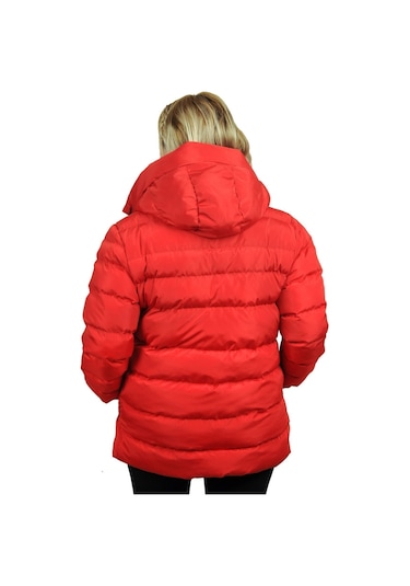 Freemen Kadın Kırmızı Kapüşonlu Polarlı Kürklü Su Geçirmez Rüzgara Dayanıklı Şişme Mont Kırmızı