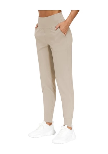 Kadın Yüksek Bel Yoga Koşu Egzersiz Joggers Hafif Eşofman Altı Joger-eşofman Bej