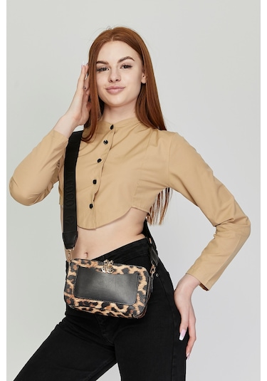 Morpelikan Leopar İki Bölmeli Kolon Askılı Kadın Omuz Çan Kahverengi