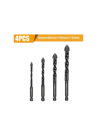 Yaleker 4'lü Çelik Çivi Seti: Cam, Seramik, Tuğla Delme İçin 6-8-10-12mm, Dört Kesici Uç, Titanyum Kaplama, Hızlı Montaj Uçlu