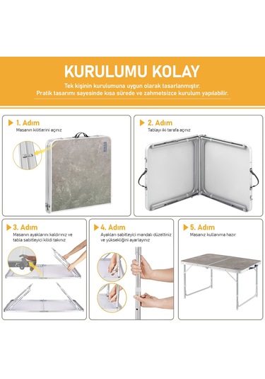 Haegs Portatif Kamp Masası, 3 Yükseklik Ayarlı, Katlanır Piknik Masası, Kolay Taşınabilir Alüminyum Masa - 80x50 - Antrasit