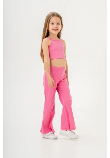 Magu Kız Çocuk Pembe Fitilli Crop Tayt Takım