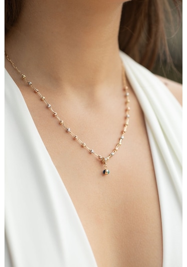 Uşaklıhafız  14 Ayar Altın Nazar Boncuklu Üç Renkli Dorika Kadın Kolye