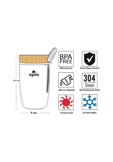 Bambu Kapak Yemek Termosu 500ml Çelik Termos Beyaz 12 Saat Sıcak Tutar Beyaz