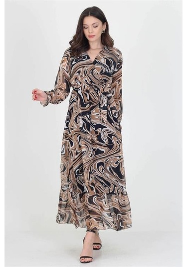Dipmoda Kadın Kruvaze Yaka Bağlama Detaylı Eteği Fırfırlı Uzun Şifon Elbise Kts003 Camel/siyah