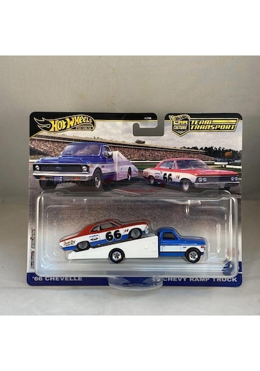Hot Wheels Premium Team Transport 66 Chevelle With '72 Chevy Ramp Truck 1/64 Model Araba